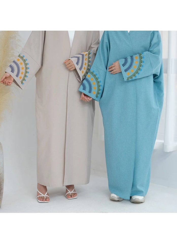 لوريا مصنّع عبايات لوريا - عبايات للمسلمات بمقاسات كبيرة، فستان دبي مطرّز مع كارديغان بأكمام، مجموعة عيد، عباية مفتوحة - بيج - Image 2