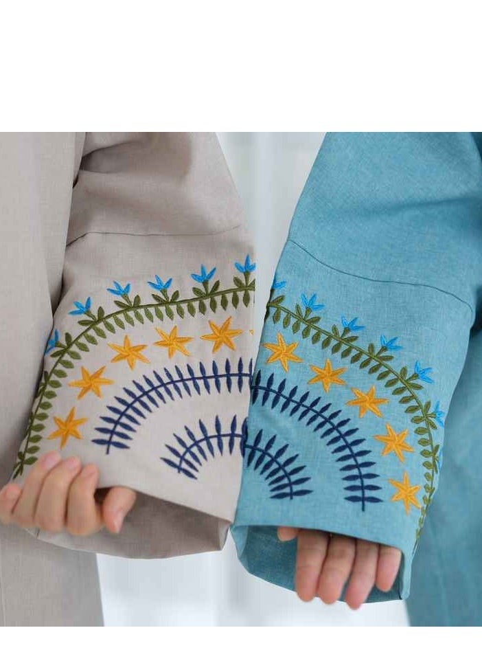 لوريا مصنّع عبايات لوريا - عبايات للمسلمات بمقاسات كبيرة، فستان دبي مطرّز مع كارديغان بأكمام، مجموعة عيد، عباية مفتوحة - بيج - Image 3