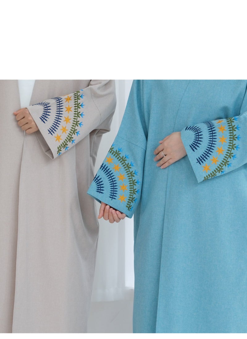 لوريا مصنّع عبايات لوريا - عبايات للمسلمات بمقاسات كبيرة، فستان دبي مطرّز مع كارديغان بأكمام، مجموعة عيد، عباية مفتوحة - بيج - Image 4