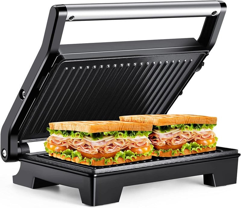 VBM Panini Press Sandwich Maker NonStick Coated Plates Opens 180 Degrees 850W Sandwich Press Contact Indoor Grill with Locking Lid Black - Image 1