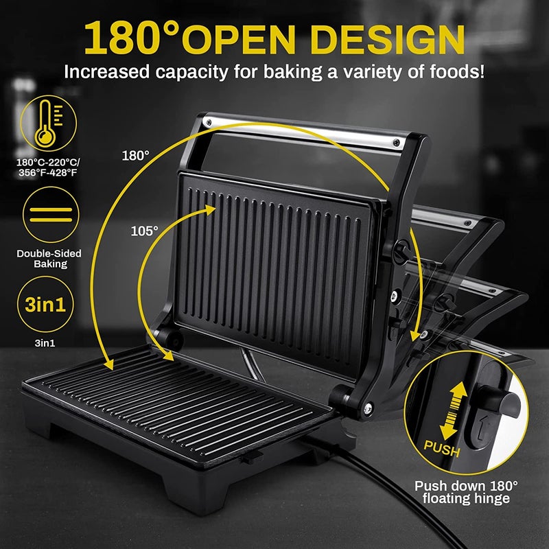 VBM Panini Press Sandwich Maker NonStick Coated Plates Opens 180 Degrees 850W Sandwich Press Contact Indoor Grill with Locking Lid Black - Image 2