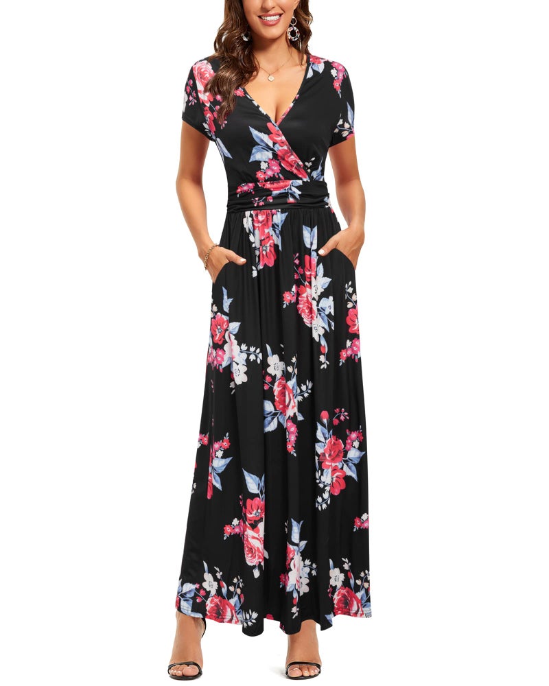 OUGES Women's V-Neck Pattern Pocket Maxi Long Dress(Floral-6,L) - Image 1