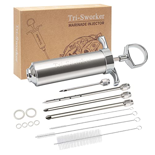 Tri-Sworker TriSworker Meat Injector Syringe for Smoking with 4 Marinade Flavor Food Injector Needles Ideal to Injector Marinades for Meats Turkey Brisket Beef 2OZ Capacity