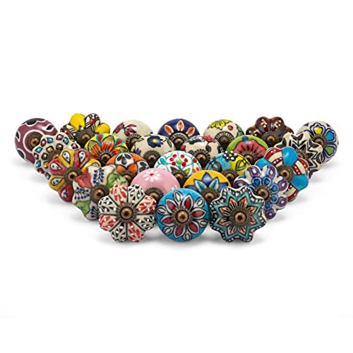 Rasiya Art Knobs for Cabinets and Drawers - Assorted Multicolor Countryside Door Pull Handles for Dresser Kitchen Wardrobes Boho Home Interior Decor - Pack of 30 - Image 1