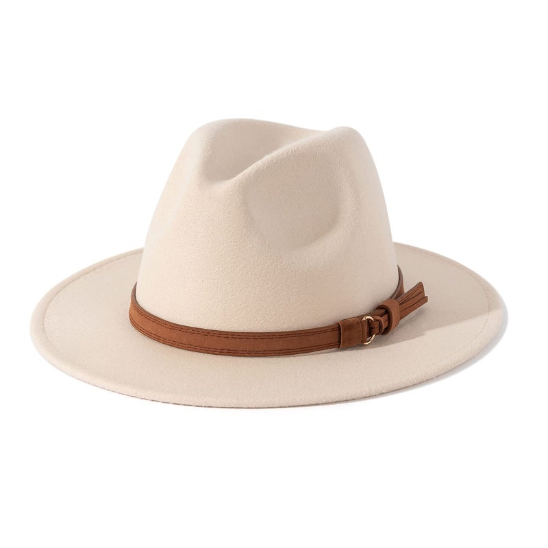 Lisianthus Men & Women Vintage Wide Brim Fedora Hat with Belt Buckle (A Buckle-Creamy, Medium) - Image 1