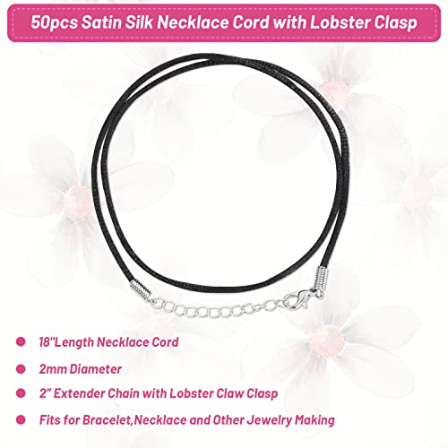 Selizo 50Pcs Satin Silk Necklace Cord with Lobster Clasp and Extension Chain for Necklaces Making and Beading (18 Inches, Black) - Image 3