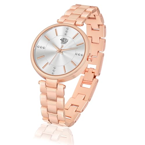 SWADESI STUFF Rose Gold Metallic Strap Analog Wristwatch for Women, Diamond Studded Round dial (Silver) - Image 3