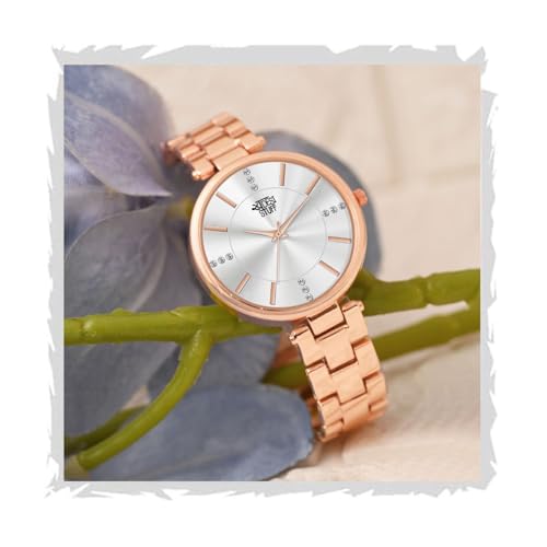 SWADESI STUFF Rose Gold Metallic Strap Analog Wristwatch for Women, Diamond Studded Round dial (Silver) - Image 1