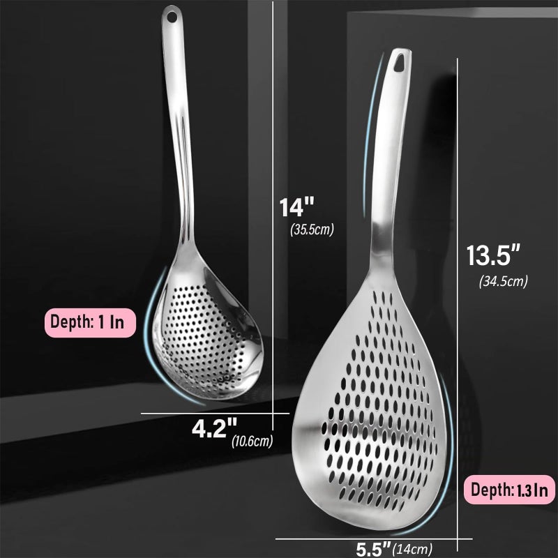 KAYCROWN Skimmer Slotted Spoon, 2 Pack Stainless Steel Pasta Spider Strainer Skimmer Ladle Spoon for Frying and Cooking, Frying Strainer, Kitchen Cooking Colander - Image 3