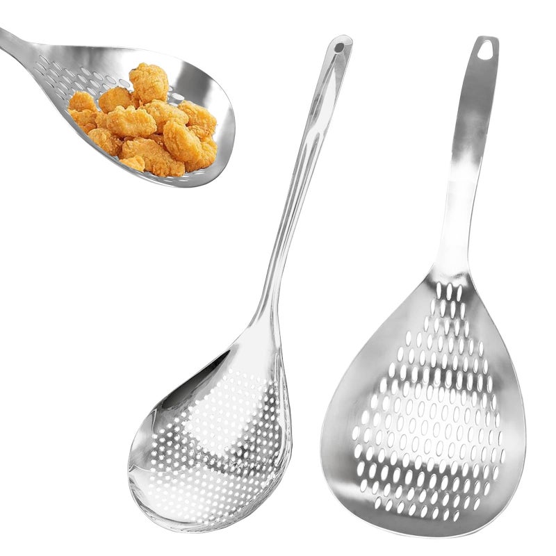 KAYCROWN Skimmer Slotted Spoon, 2 Pack Stainless Steel Pasta Spider Strainer Skimmer Ladle Spoon for Frying and Cooking, Frying Strainer, Kitchen Cooking Colander - Image 1