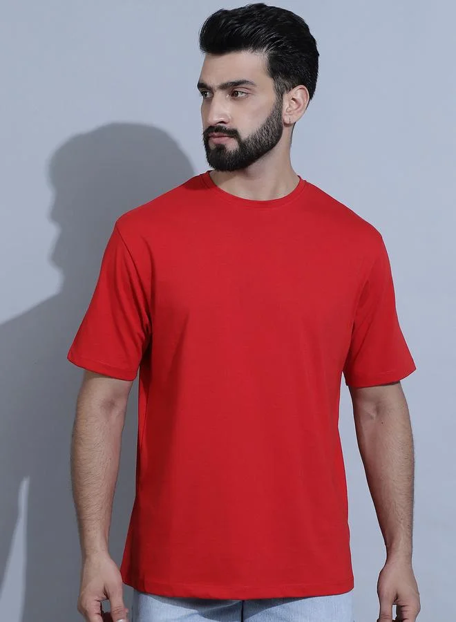 Styli Men Red Oversized Cotton T-Shirt By Door74