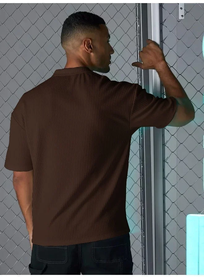 Maniac Maniac Mens Solid Round Neck Half Sleeve Brown Seersucker CottonBlend Oversized T-Shirt