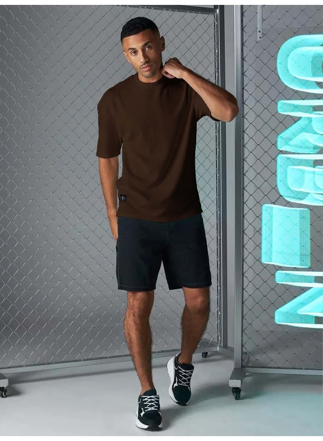 Maniac Mens Solid Round Neck Half Sleeve Brown Seersucker CottonBlend Oversized T-Shirt - Image 5