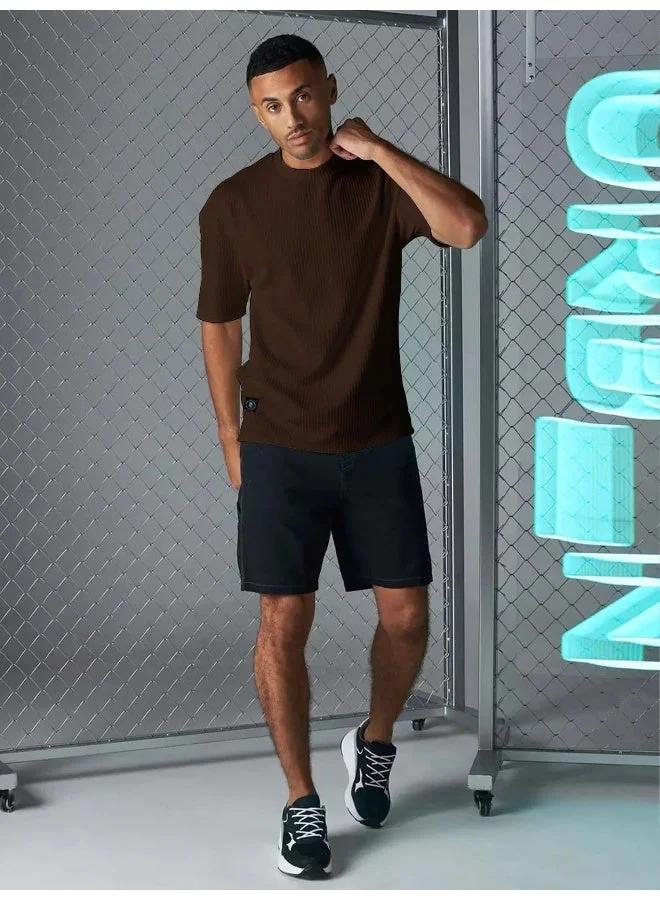 Maniac  Maniac Mens Solid Round Neck Half Sleeve Brown Seersucker CottonBlend Oversized T-Shirt for Men | Best Price UAE