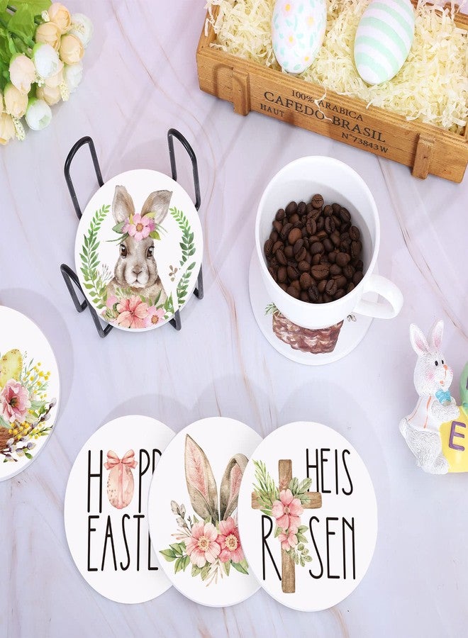وولاين مجموعة قواعد أكواب سيراميك من والين، 6 قطع، بتصميم أرنب وبيض وزهور، مع حامل أسود، قواعد أكواب ماصة بألوان مائية، مثالية لتزيين المنزل في فصل الربيع، وحماية الطاولات، وهدية رائعة للمنزل الجديد. - Image 4
