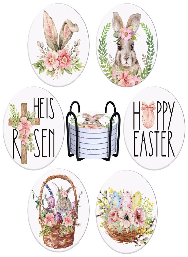 وولاين مجموعة قواعد أكواب سيراميك من والين، 6 قطع، بتصميم أرنب وبيض وزهور، مع حامل أسود، قواعد أكواب ماصة بألوان مائية، مثالية لتزيين المنزل في فصل الربيع، وحماية الطاولات، وهدية رائعة للمنزل الجديد. - Image 1