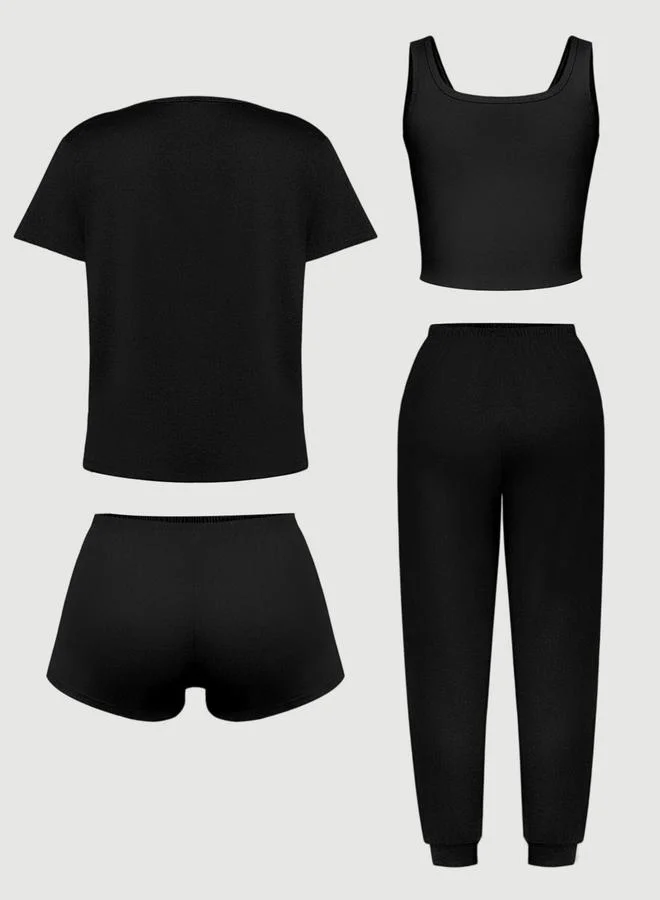 Take Two Pack of 4 - Slogan Text Print T-Shirt, Cami, Shorts and Pyjama Set