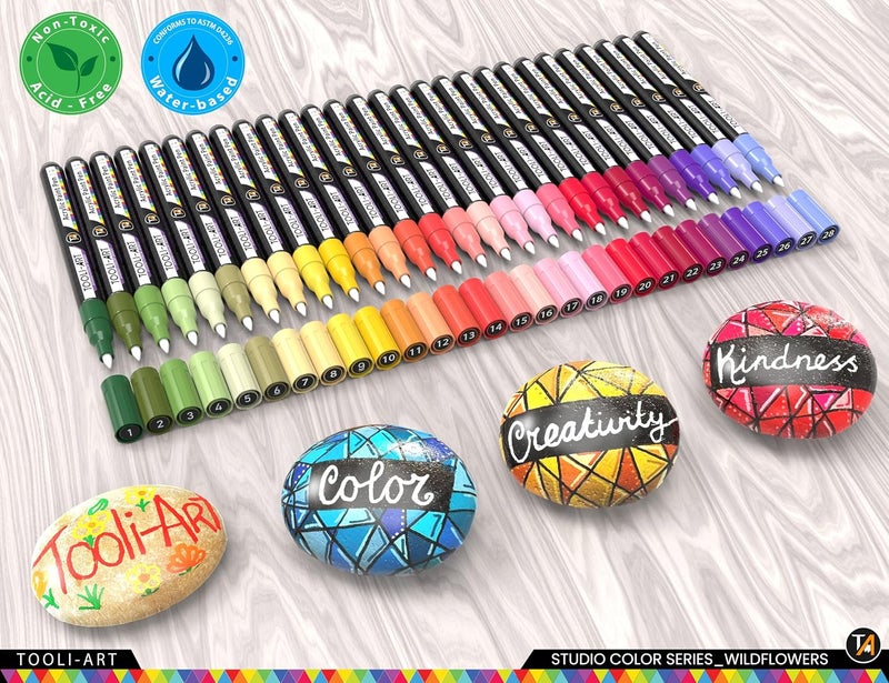TOOLI-ART 28 Wildflower Colors Acrylic Paint Pens Studio Color Series Markers Set 0.7mm Extra Fine Tip, Rock Painting, Glass, Mugs, Wood, Metal, Canvas, DIY, Detailing. Non Toxic, Waterbased, Quick Drying - Image 2