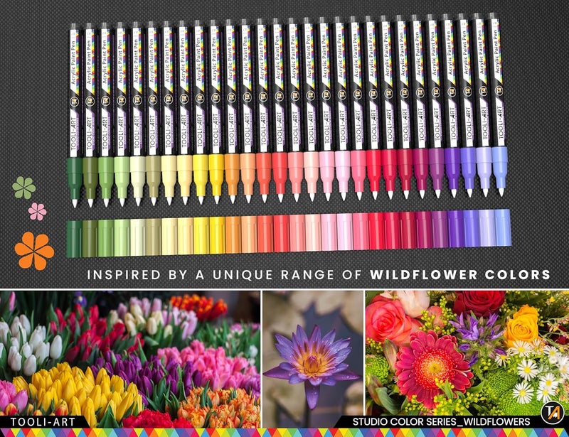 TOOLI-ART 28 Wildflower Colors Acrylic Paint Pens Studio Color Series Markers Set 0.7mm Extra Fine Tip, Rock Painting, Glass, Mugs, Wood, Metal, Canvas, DIY, Detailing. Non Toxic, Waterbased, Quick Drying - Image 4