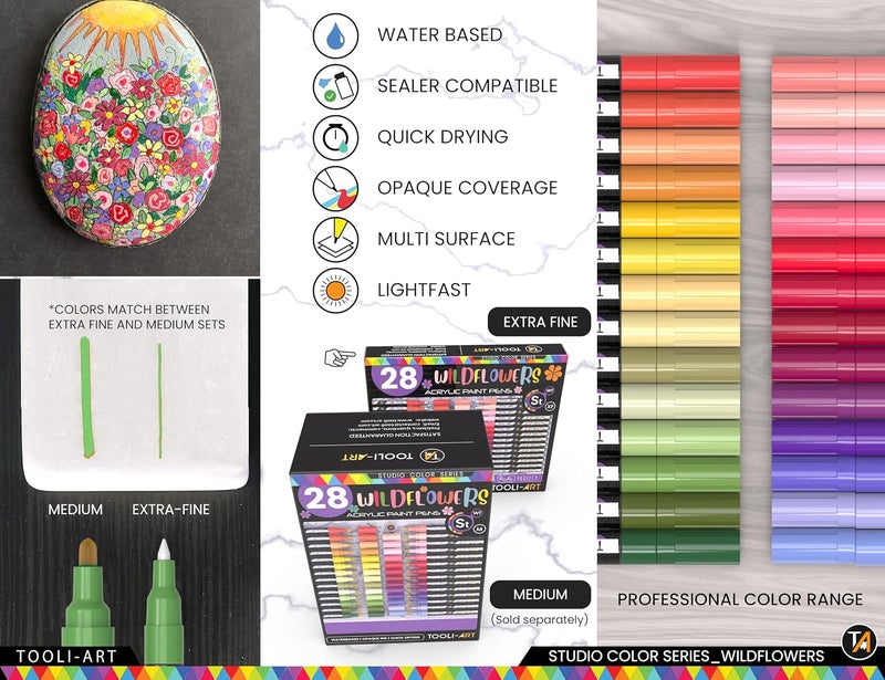 TOOLI-ART 28 Wildflower Colors Acrylic Paint Pens Studio Color Series Markers Set 0.7mm Extra Fine Tip, Rock Painting, Glass, Mugs, Wood, Metal, Canvas, DIY, Detailing. Non Toxic, Waterbased, Quick Drying - Image 5