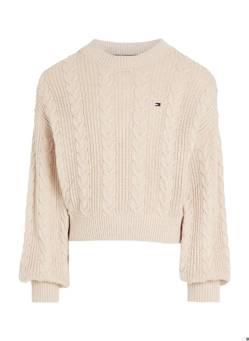 TOMMY HILFIGER Girls' Cable Knit Cropped Sweater - Cotton, Beige