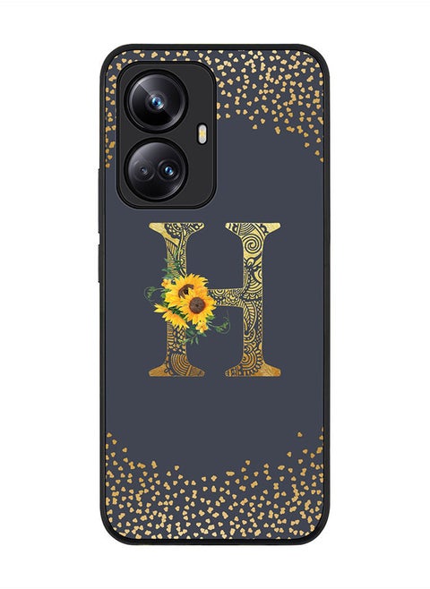 Rugged Black edge case for Realme 10 Pro Plus 5G Slim fit Soft Case Flexible Rubber Edges Anti Drop TPU Gel Thin Cover -  Custom Monogram Initial Letter Floral Pattern Alphabet - H  (Grey )