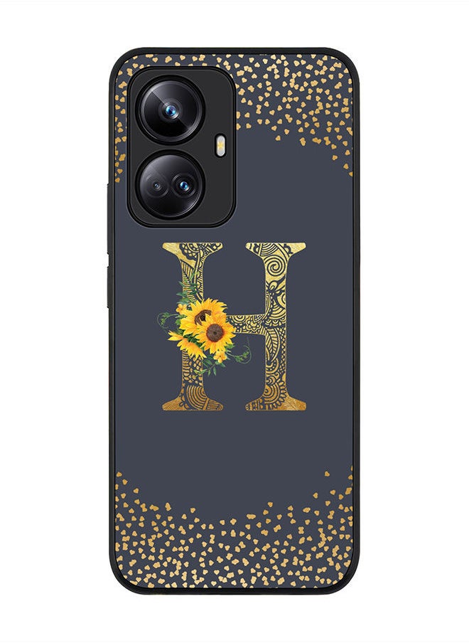 Rugged Black edge case for Realme 10 Pro Plus 5G Slim fit Soft Case Flexible Rubber Edges Anti Drop TPU Gel Thin Cover -  Custom Monogram Initial Letter Floral Pattern Alphabet - H  (Grey )