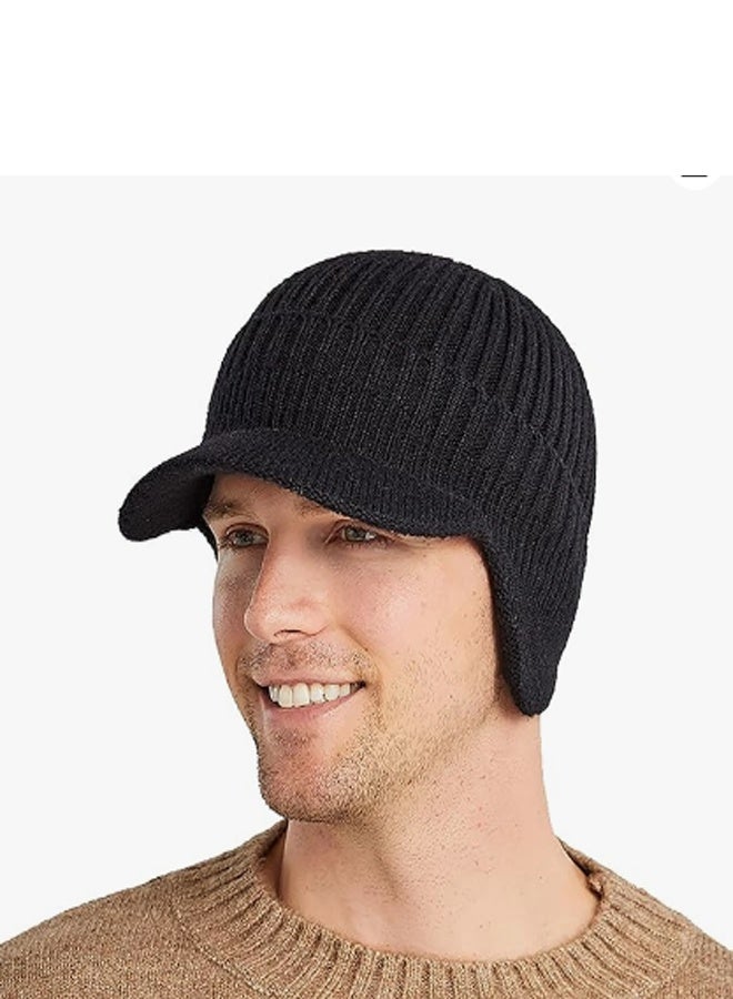 1 piece Men's Winter Visor Beanie Hat with  Knit Baseball Cap with Brim Ski Hat Warm Fleece Lined Hunting Hat Black - Image 1