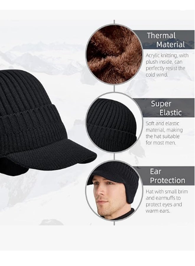 1 piece Men's Winter Visor Beanie Hat with  Knit Baseball Cap with Brim Ski Hat Warm Fleece Lined Hunting Hat Black - Image 4