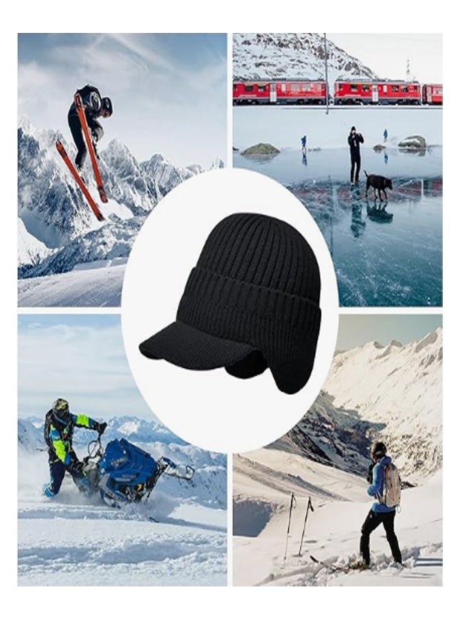 1 piece Men's Winter Visor Beanie Hat with  Knit Baseball Cap with Brim Ski Hat Warm Fleece Lined Hunting Hat Black - Image 3