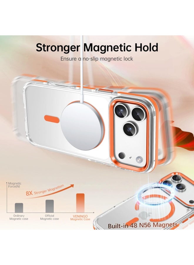 ICARLUS For iPhone 17 Pro Case Strong Magnetic Compatible with MagSafe Transparent Clear Slim Fit Non-Yellowing Drop Protective Phone Case for iPhone 17 Pro Max Orange - Image 2