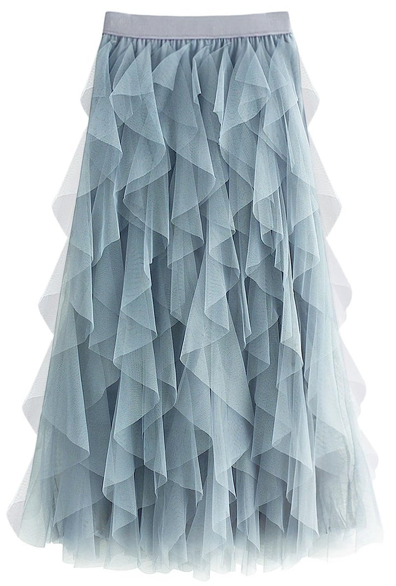 kydely Tulle Skirts for Women Long Length Tutu Fairy Tiered Skirt A Line Mesh Elastic Waist Skirts Blue Grey One Size - Image 1