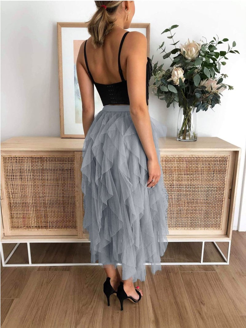 kydely Tulle Skirts for Women Long Length Tutu Fairy Tiered Skirt A Line Mesh Elastic Waist Skirts Blue Grey One Size - Image 3