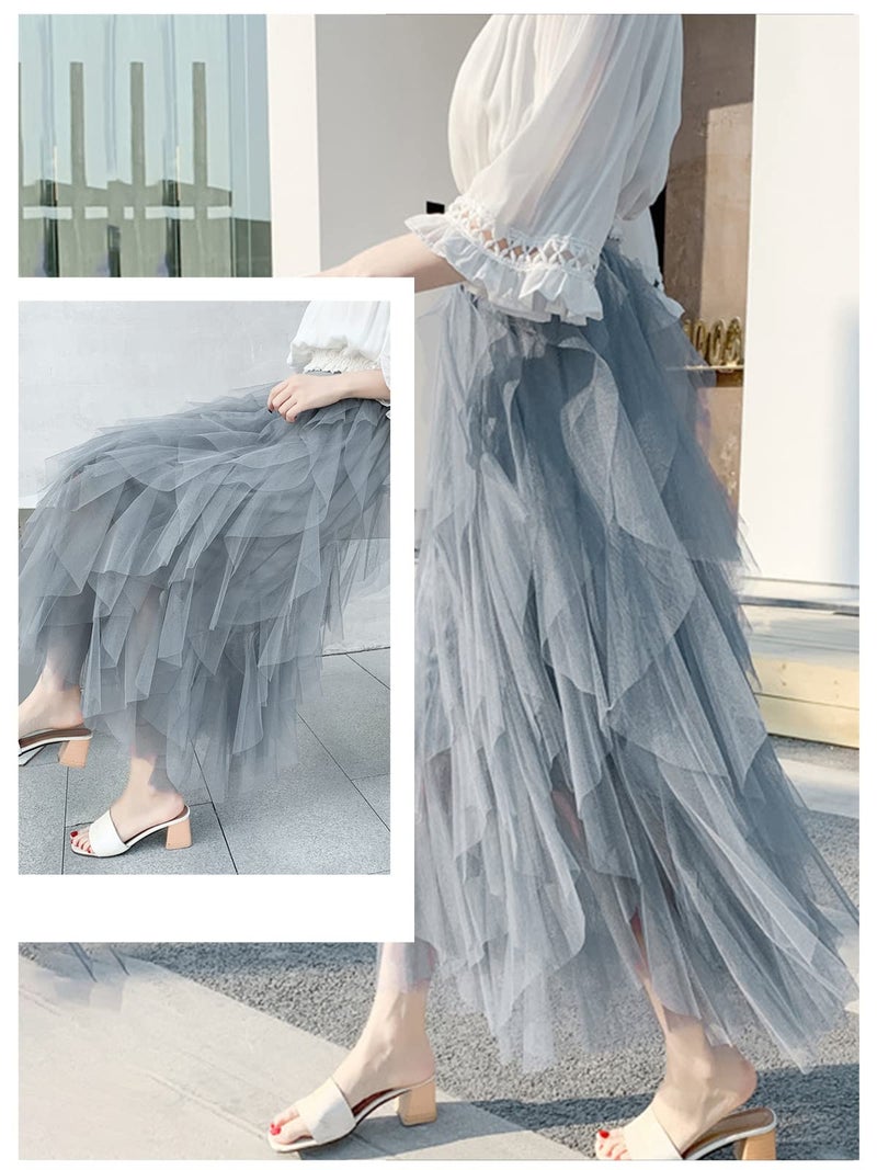 kydely Tulle Skirts for Women Long Length Tutu Fairy Tiered Skirt A Line Mesh Elastic Waist Skirts Blue Grey One Size - Image 4