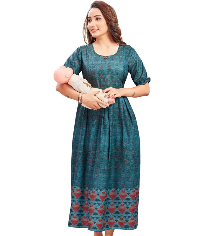 RITIJYA Feeding Kurtis for Women with Zip | Maternity Gown Pregnancy Dress for Nursing Mothers | Viscose Rayon | Maternity Wear Feeding Dress Tops (9218_46,Peacock Green) - Image 1