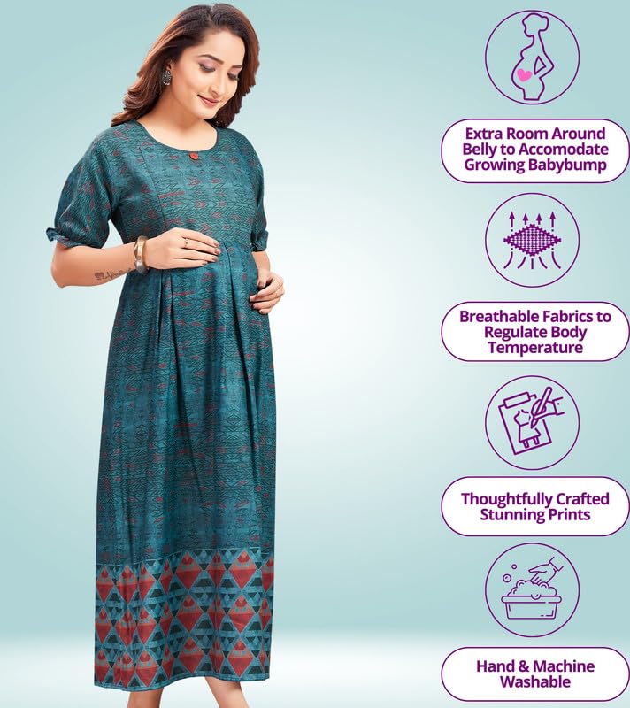 RITIJYA Feeding Kurtis for Women with Zip | Maternity Gown Pregnancy Dress for Nursing Mothers | Viscose Rayon | Maternity Wear Feeding Dress Tops (9218_46,Peacock Green) - Image 3