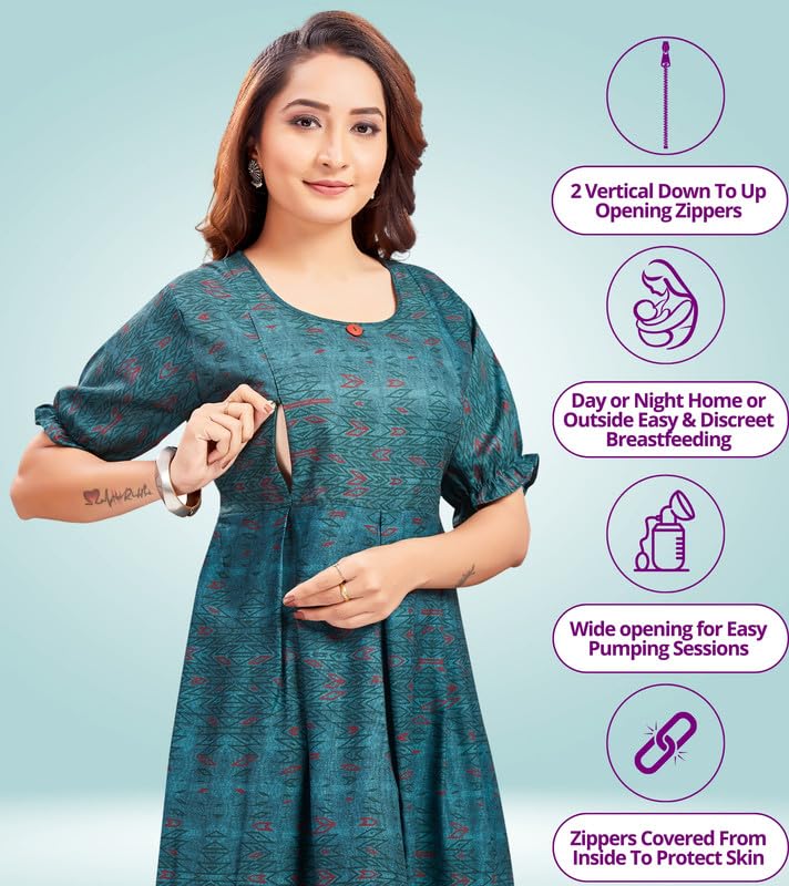 RITIJYA Feeding Kurtis for Women with Zip | Maternity Gown Pregnancy Dress for Nursing Mothers | Viscose Rayon | Maternity Wear Feeding Dress Tops (9218_46,Peacock Green) - Image 2