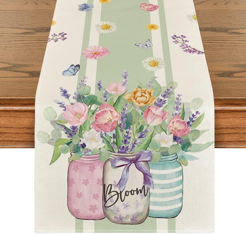 Aputue Elegant Summer Table Runner, 33x183cm Floral Table Runner with Bloom Tulip Lavender Design, Decorative Dining Table Cover for Home Kitchen Wedding Party Decor - Image 1