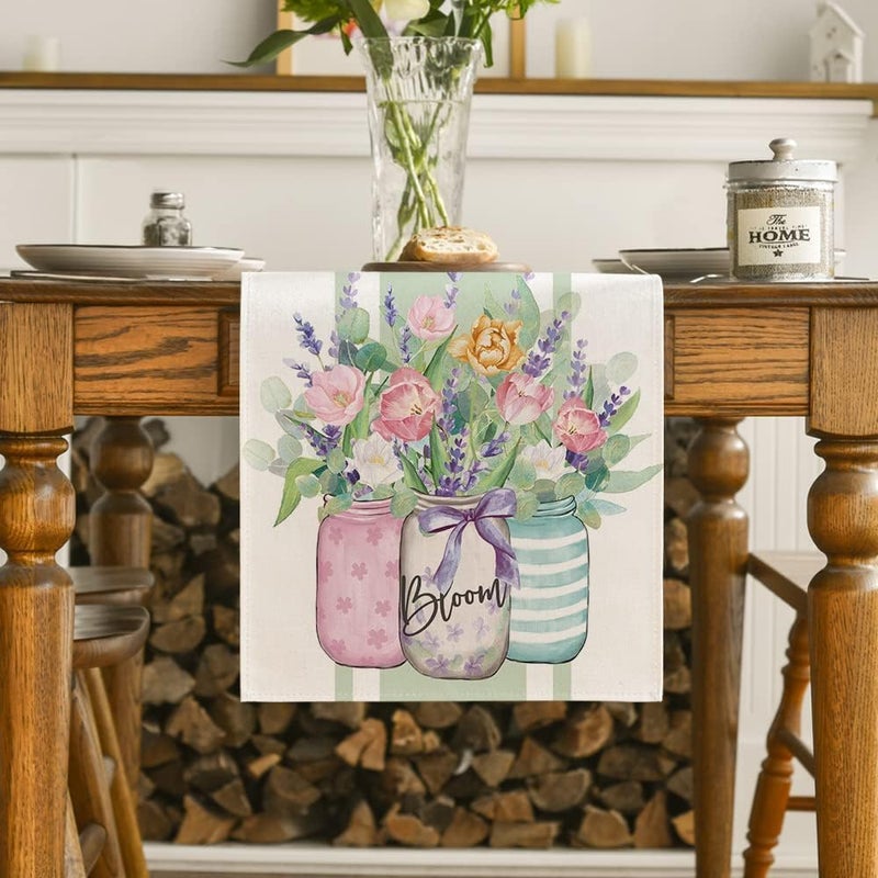 Aputue Elegant Summer Table Runner, 33x183cm Floral Table Runner with Bloom Tulip Lavender Design, Decorative Dining Table Cover for Home Kitchen Wedding Party Decor - Image 2