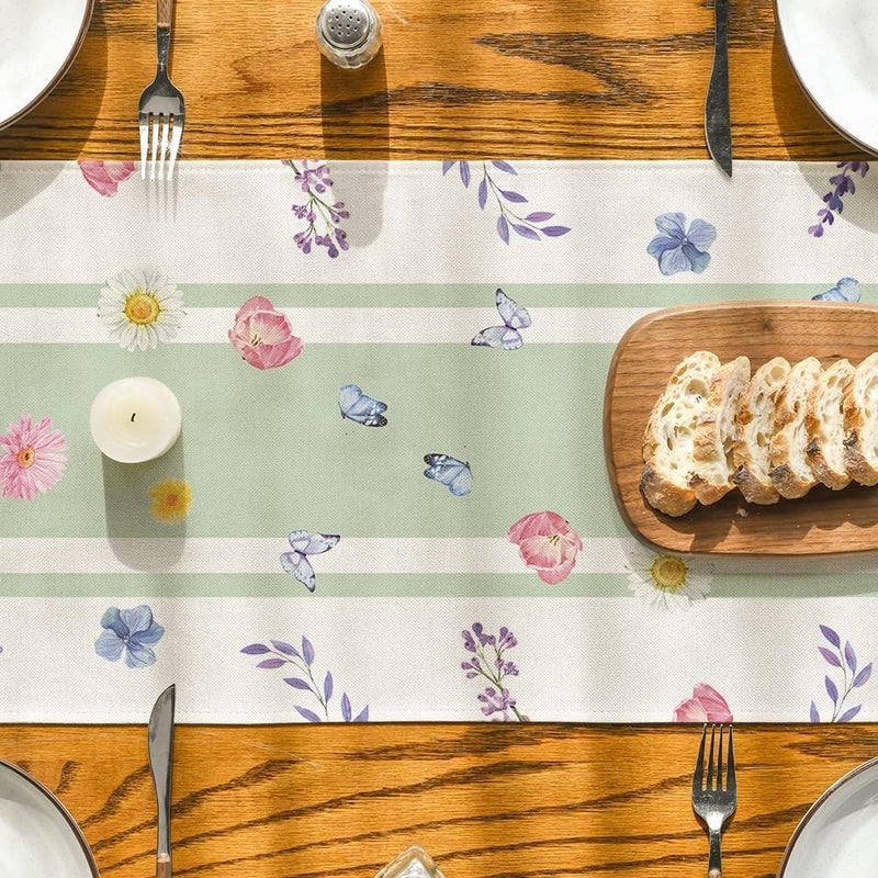 Aputue Elegant Summer Table Runner, 33x183cm Floral Table Runner with Bloom Tulip Lavender Design, Decorative Dining Table Cover for Home Kitchen Wedding Party Decor - Image 3