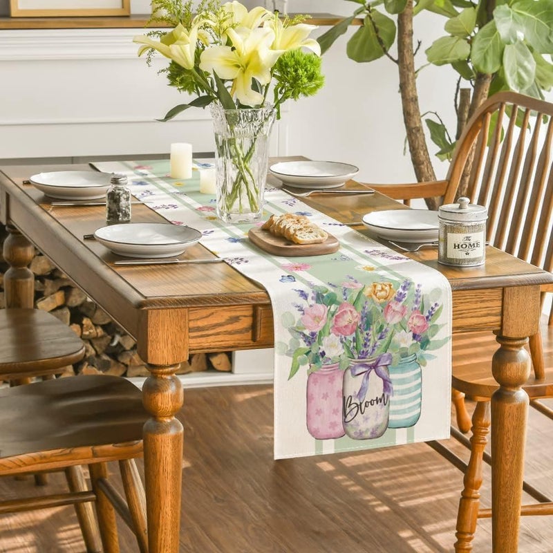 Aputue Elegant Summer Table Runner, 33x183cm Floral Table Runner with Bloom Tulip Lavender Design, Decorative Dining Table Cover for Home Kitchen Wedding Party Decor - Image 4