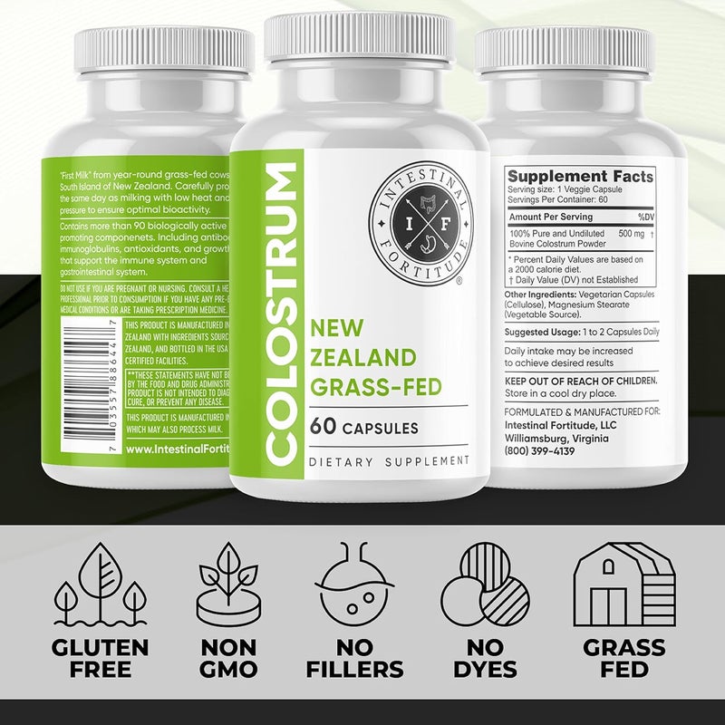 Intestinal Fortitude كبسولات كولستروم من أبقار نيوزيلندا 100% من العشب 500 ملغ 60 كبسولة خالية من الهرمونات خالية من الكائنات المعدلة وراثيًا دعم صحي مثالي للأمعاء والجهاز المناعي - Image 3