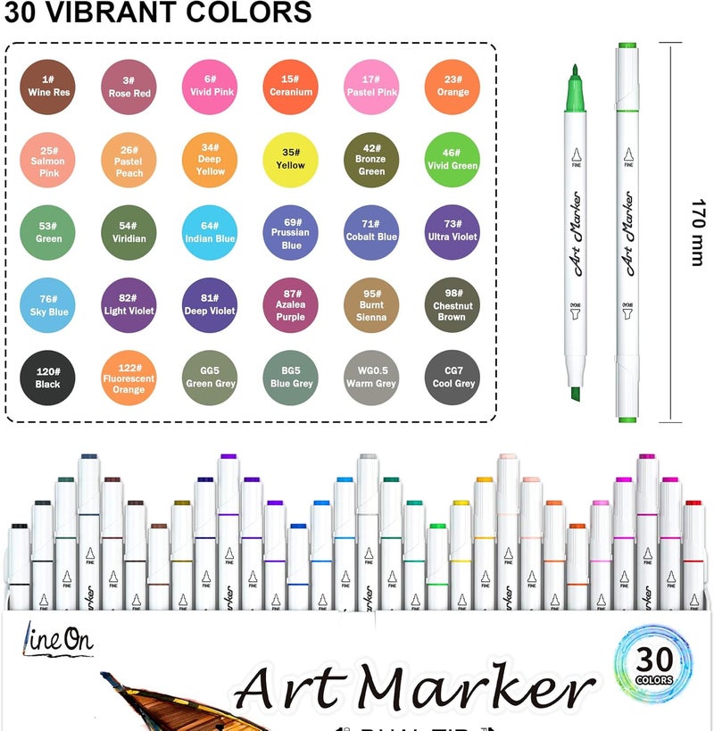 Lineon Dual Tip Alcohol Based Art Markers, 30 Colors Alcohol Marker Pens Perfect for Kids Adult Coloring Books Sketching and Card Making - Image 2