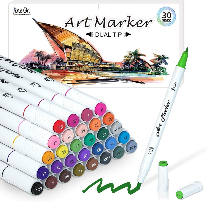 Lineon Dual Tip Alcohol Based Art Markers, 30 Colors Alcohol Marker Pens Perfect for Kids Adult Coloring Books Sketching and Card Making - Image 1