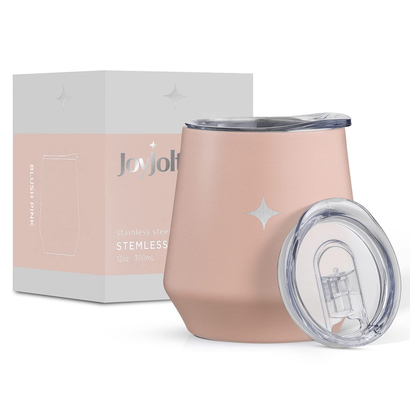 JoyJolt JoyJolt TriInsulated Wine Tumbler with Lid Pack 12 oz Tumbler Slider and Straw Lids Vacuum Double Walled Stainless Steel Stemless Wine Glass Copper Lined for Very Cold Drinks Travel and Camping 