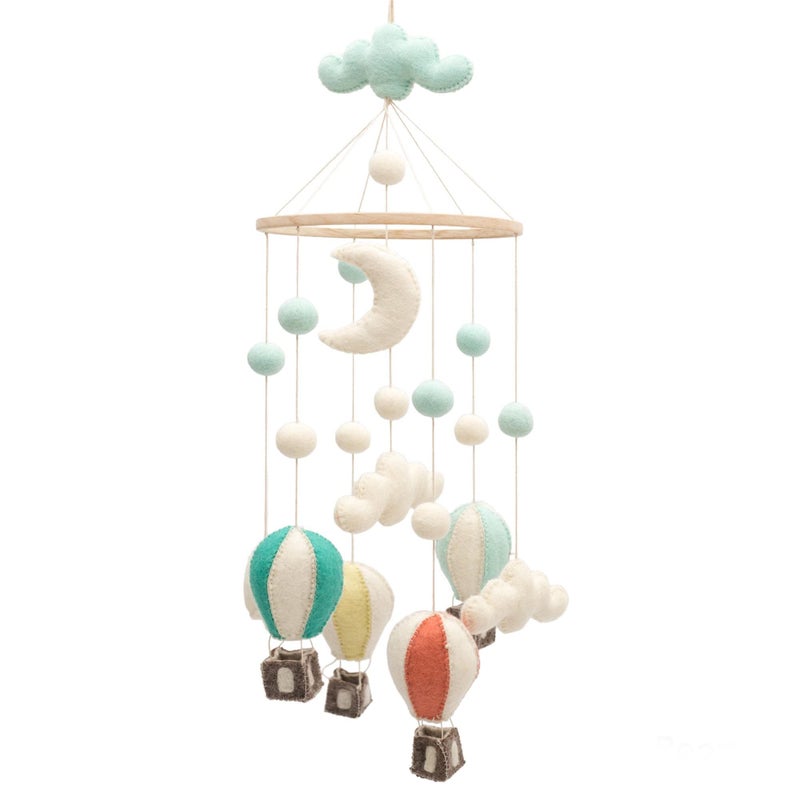 GLACIART ONE Baby Nursery Hot Air Balloon Mobile for Crib Gender Neutral Felt Mobile With Hanging Clouds Balls Room Decorations Handmade From Natural Wool Great Gift Idea