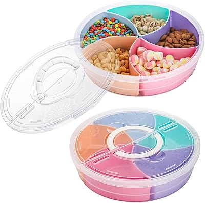 Cedilis 2 Pack Snack Serving Tray with Lid, 12inch Fruit Serving Container, 5 Colorful Compartment Round Appetizer - Image 1