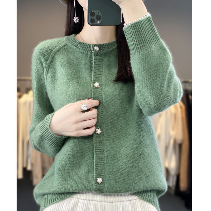 Wool Blended 2024 Autumn and Winter New Round Neck Short Solid Color Thickened Raglan Sleeve Star Button Knitted Cardigan Sweater Turquoise green