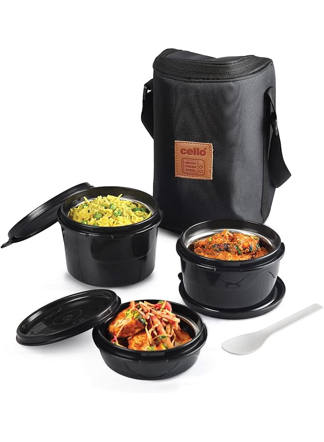 Cello Max Fresh Click Lunch Box Set With Bag, 3 Containers, 300Ml, Black | Outer Plastic & Inner Stainless Steel Tiffin Box With Jacket | Leakproof Lunch Boxes | Ideal For College, Office - Image 2