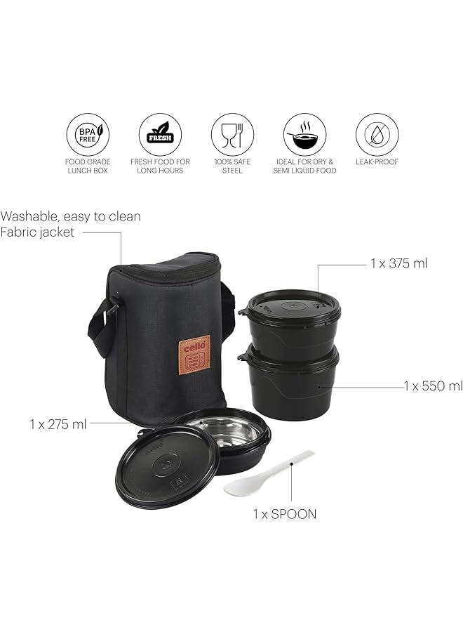 Cello Max Fresh Click Lunch Box Set With Bag, 3 Containers, 300Ml, Black | Outer Plastic & Inner Stainless Steel Tiffin Box With Jacket | Leakproof Lunch Boxes | Ideal For College, Office - Image 3